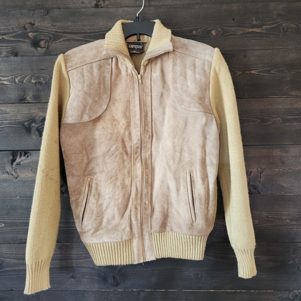 Vintage Campus‎ Sportsman Sz M Suede Leather Bomber Jacket Knit Sweater Tan